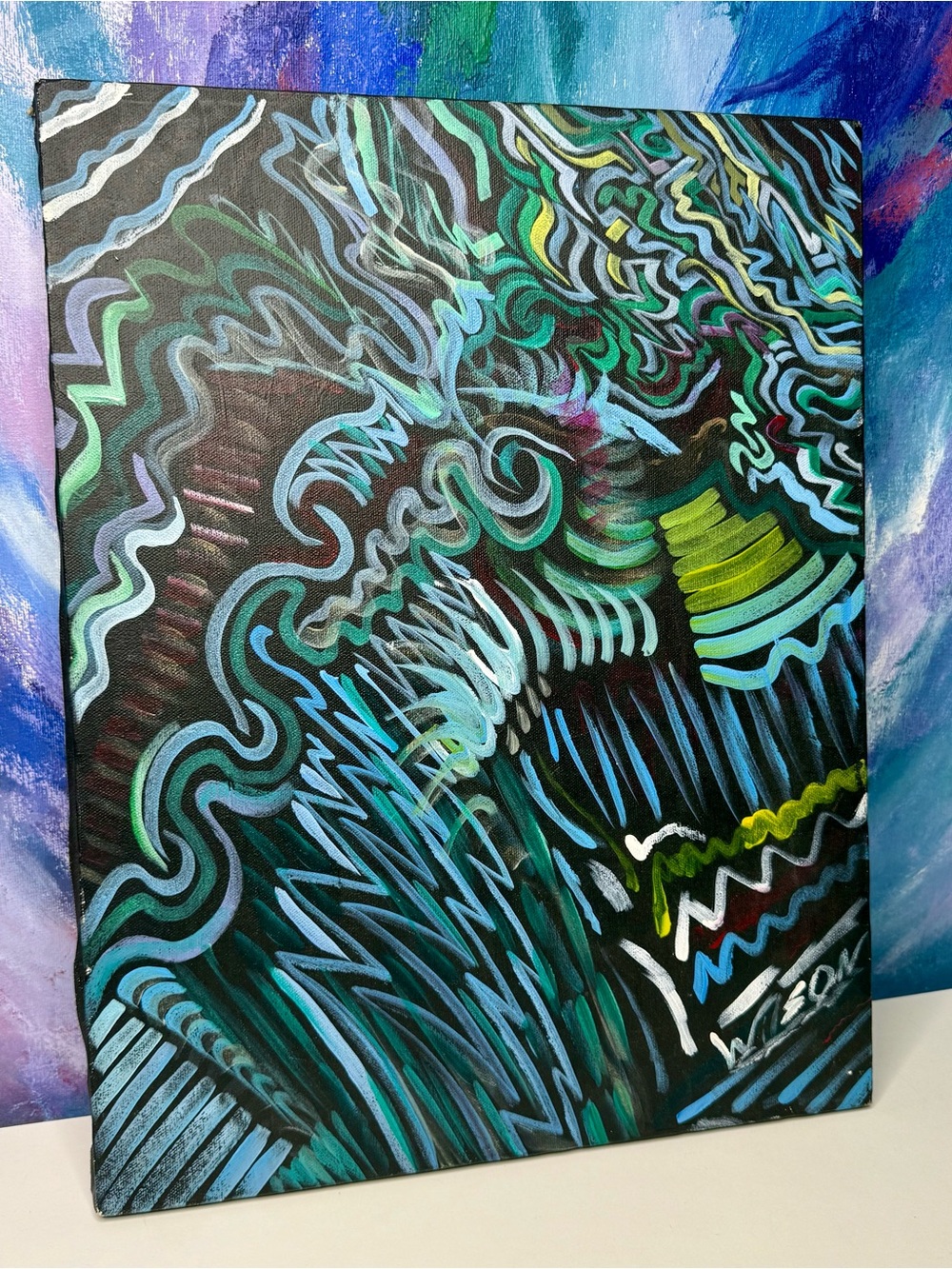 Abstract Art Original Painting Canvas Vintage Signed Wilson A Psychedelic Neon